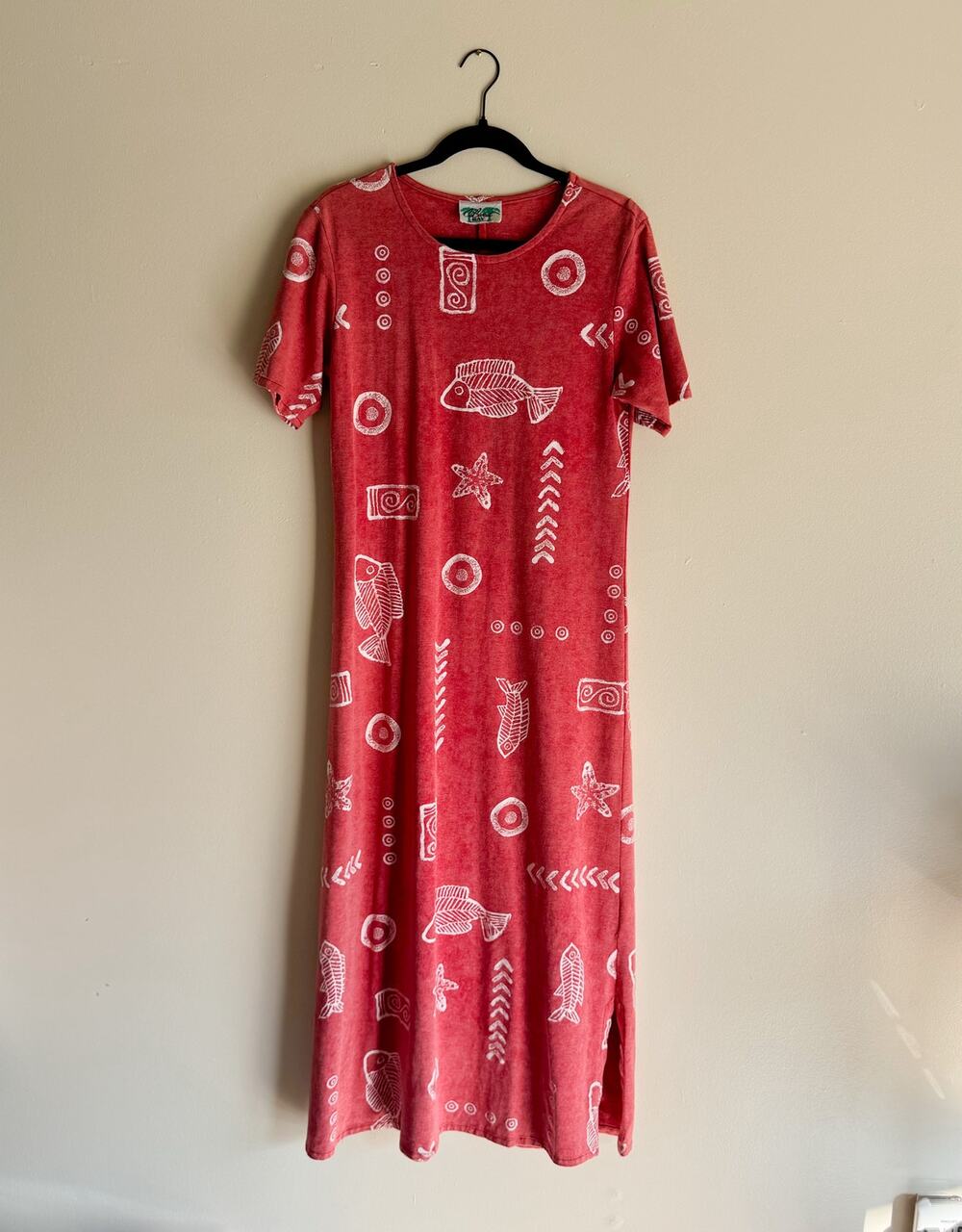 CoConut Bay Red + White Fish Hawaiian Beachy Short Sleeve Maxi Dress